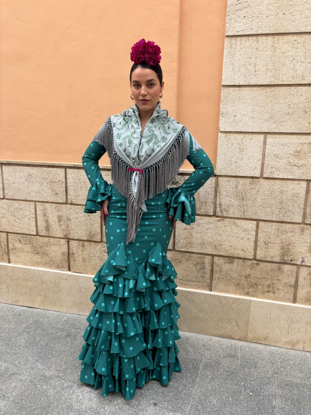 Vestido Sevilla turquesa con lunar verde agua