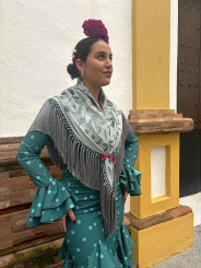 Vestido Sevilla turquesa con lunar verde agua