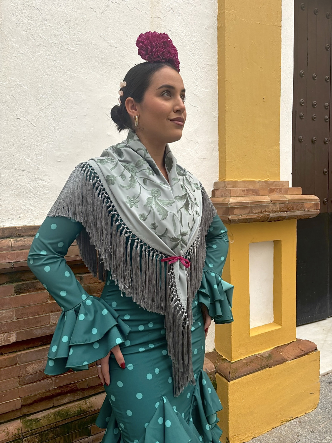 Vestido Sevilla turquesa con lunar verde agua