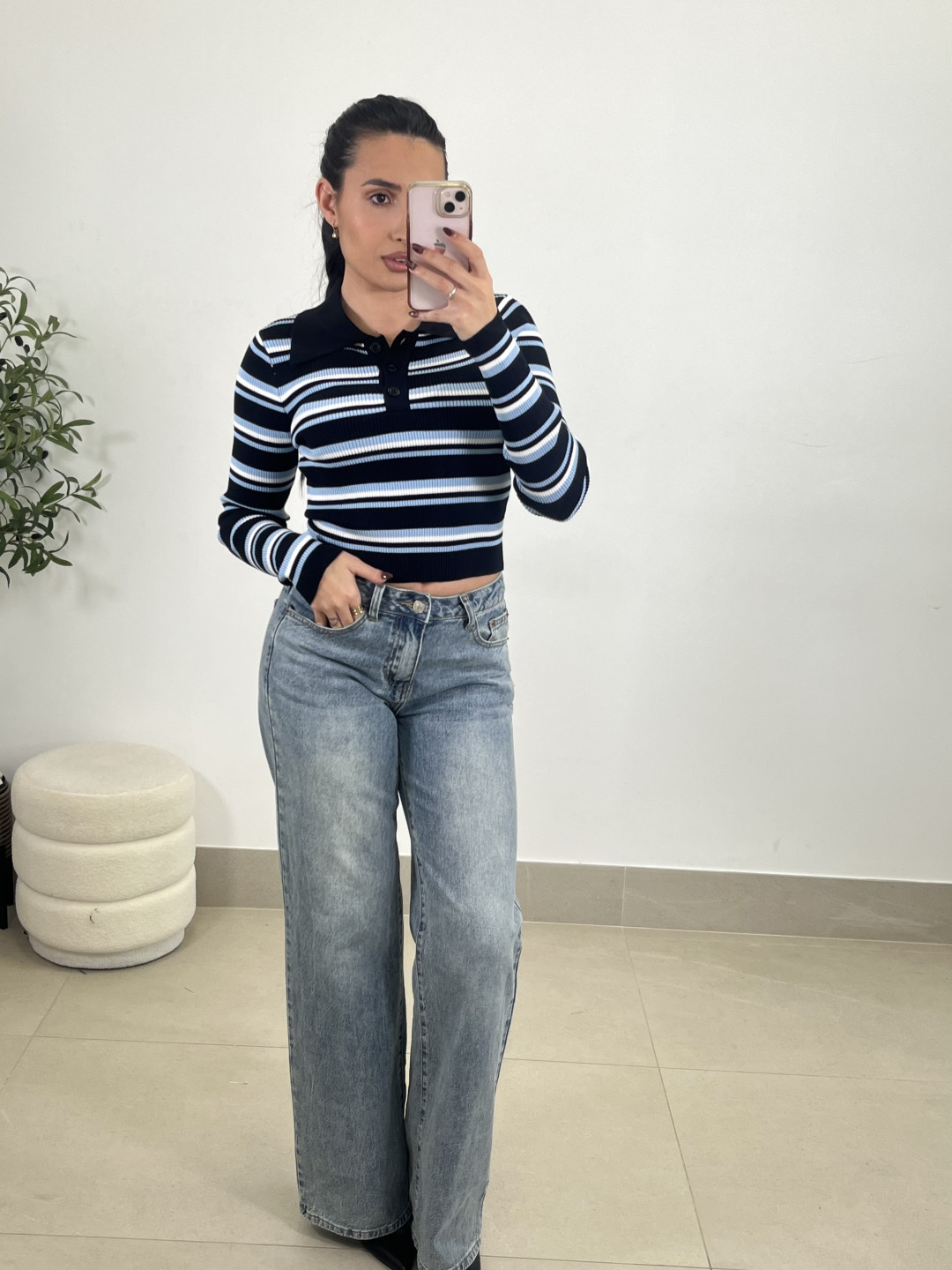 Camiseta punto cuello polo rayas celeste