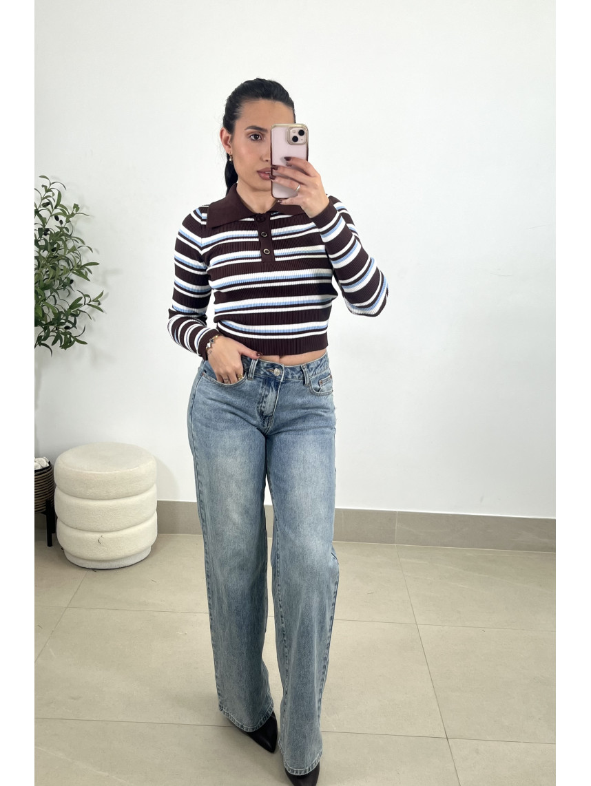 Camiseta punto cuello polo rayas marron