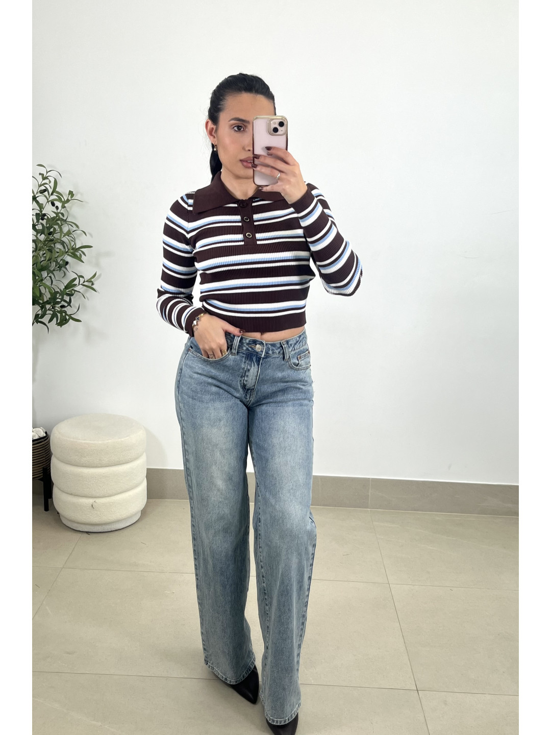 Camiseta punto cuello polo rayas marron