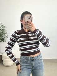 Camiseta punto cuello polo rayas marron