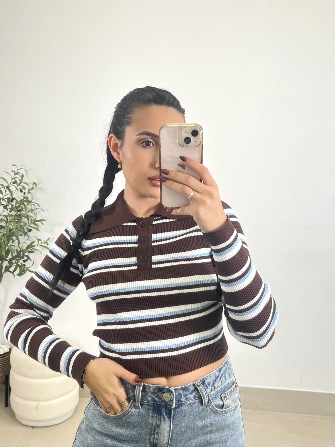 Camiseta punto cuello polo rayas marron