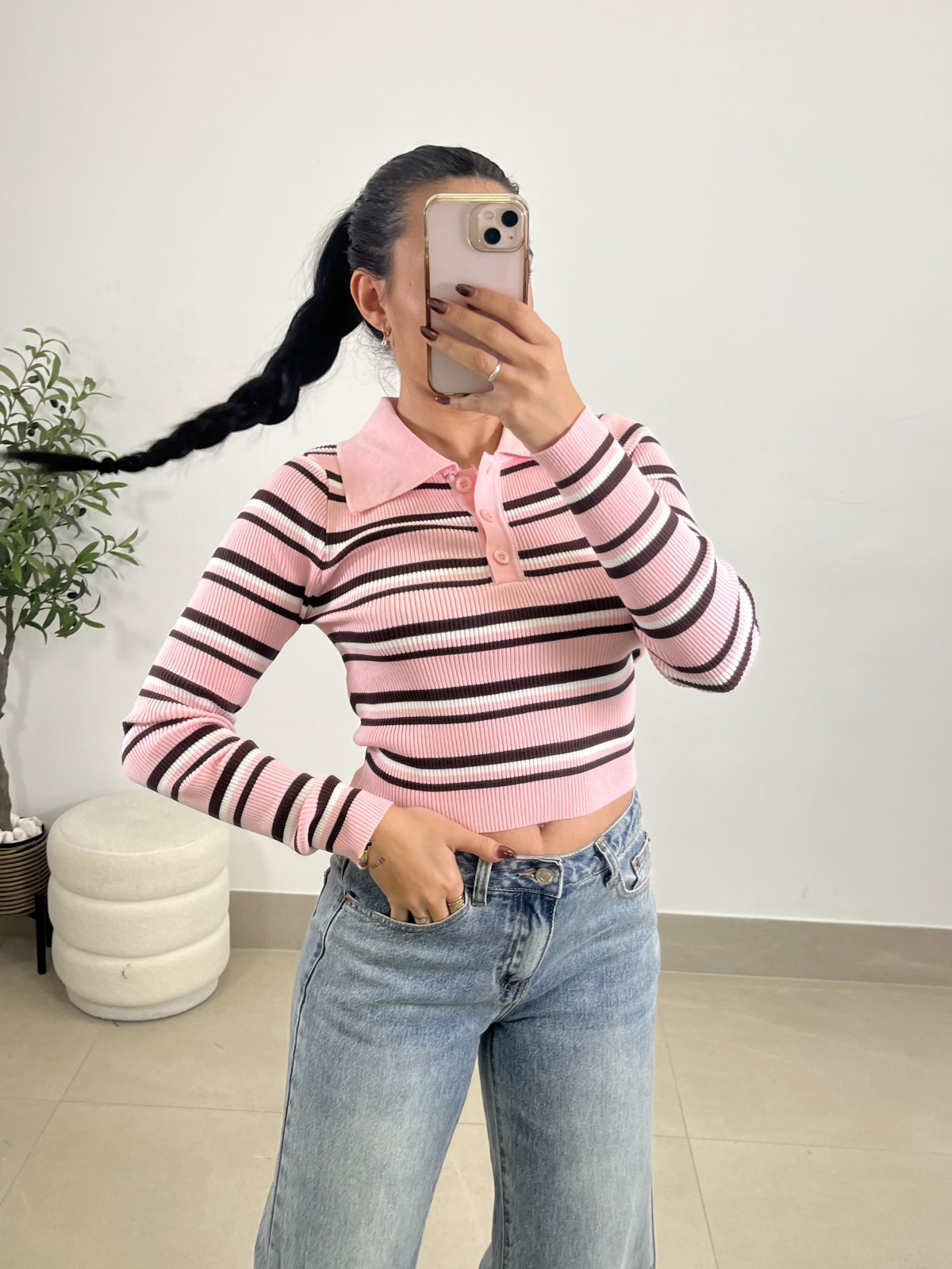 Camiseta punto cuello polo rayas rosa