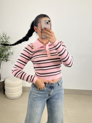Camiseta punto cuello polo rayas rosa