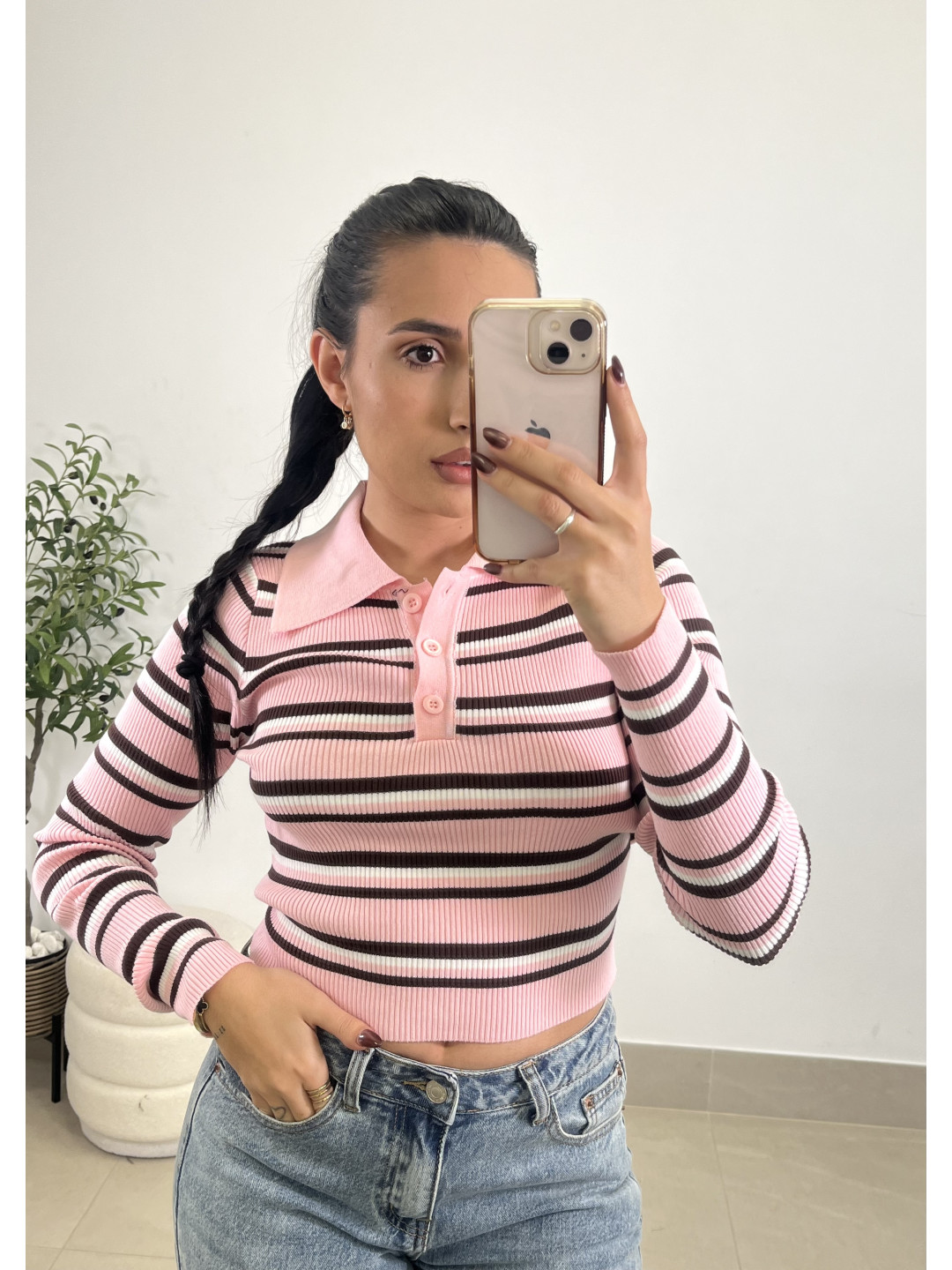 Camiseta punto cuello polo rayas rosa