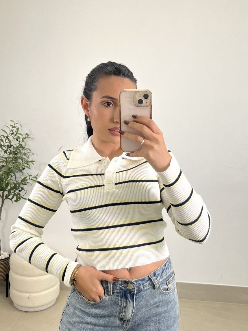 Camiseta punto cuello polo rayas blanco/amarillo