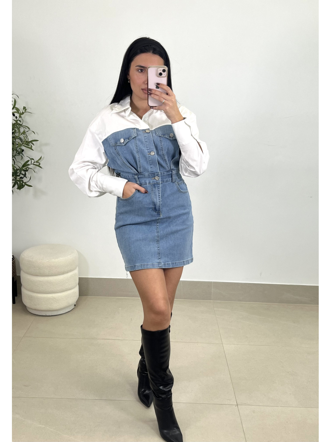 Vestido denim combinado camisa