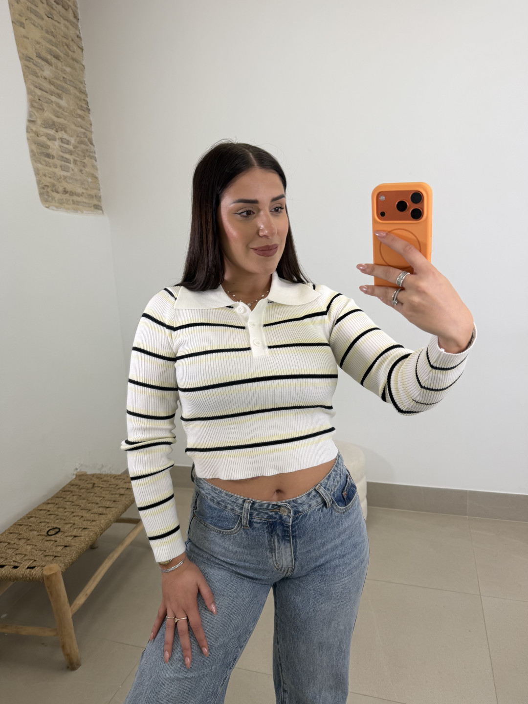 Camiseta punto cuello polo rayas blanco/amarillo