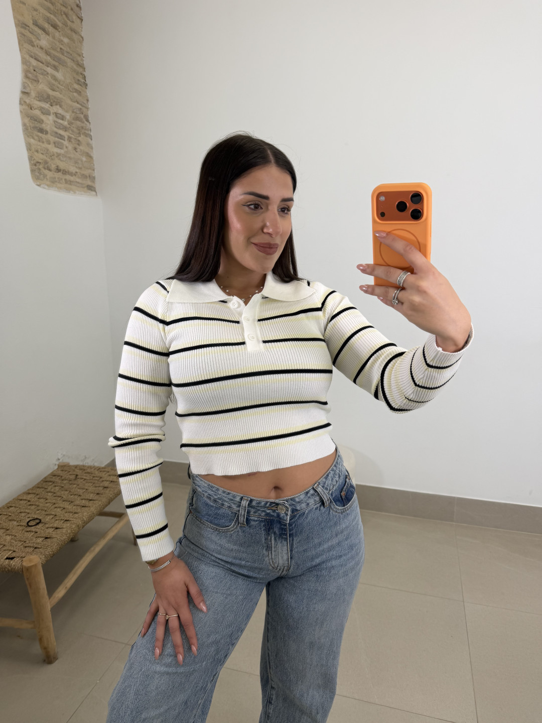 Camiseta punto cuello polo rayas blanco/amarillo