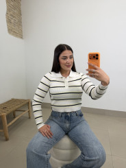 Camiseta punto cuello polo rayas blanco/amarillo