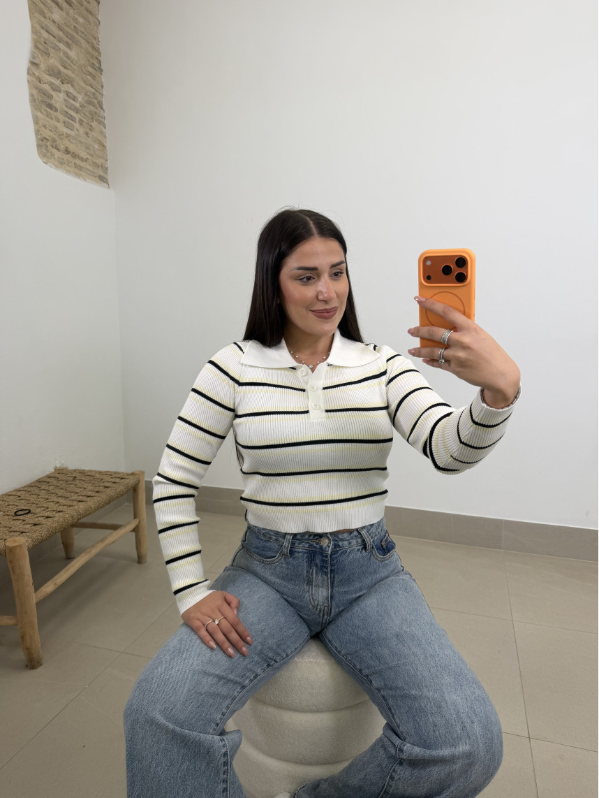 Camiseta punto cuello polo rayas blanco/amarillo