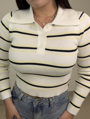 Camiseta punto cuello polo rayas blanco/amarillo