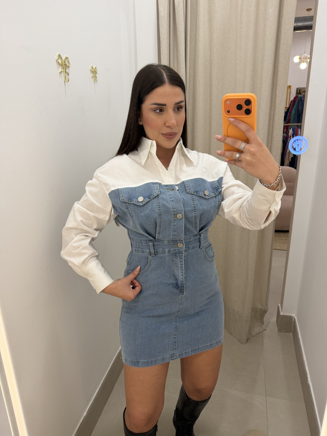 Vestido denim combinado camisa