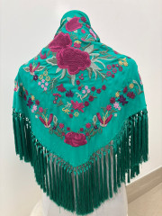Manton seda verde turquesa con flores