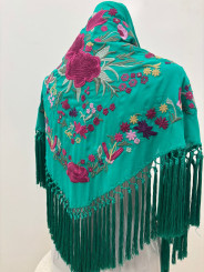 Manton seda verde turquesa con flores