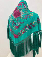 Manton seda verde turquesa con flores