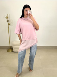 CAMISETA DETALLE ENCAJE ASIMETRICO rosa