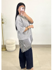 CAMISETA DETALLE ENCAJE ASIMETRICO gris