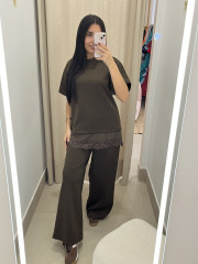 TOTAL LOOK MANGA CORTA COMBINADO LENCERO marrón chocolate