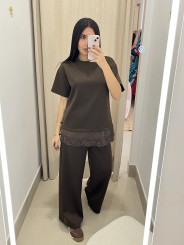 TOTAL LOOK MANGA CORTA COMBINADO LENCERO marrón chocolate