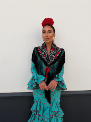 Vestido Sevilla turquesa lunar rojo