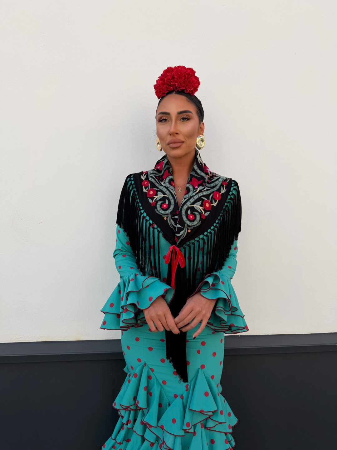 Vestido Sevilla turquesa lunar rojo