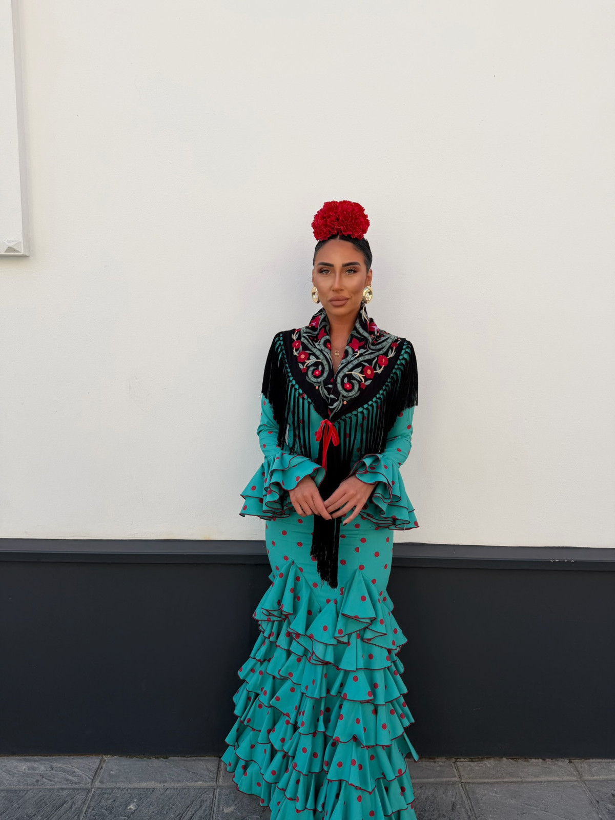 Vestido Sevilla turquesa lunar rojo