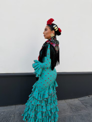 Vestido Sevilla turquesa lunar rojo