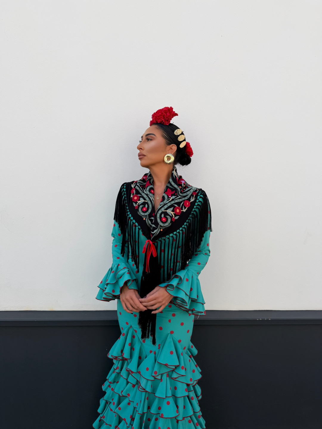 Vestido Sevilla turquesa lunar rojo