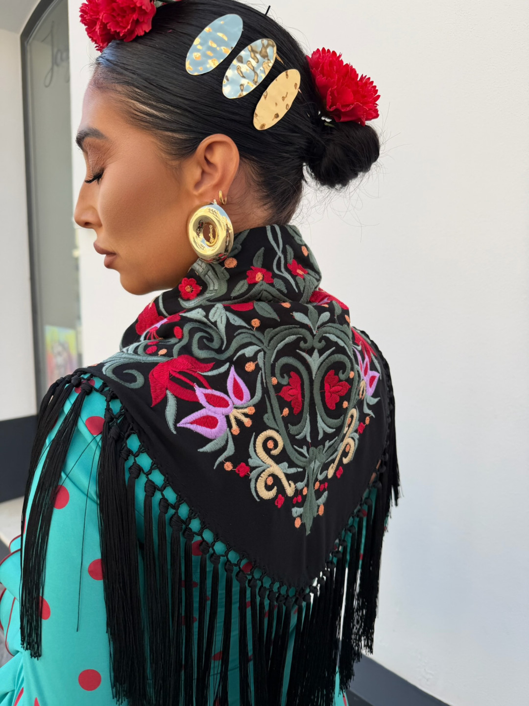 Vestido Sevilla turquesa lunar rojo