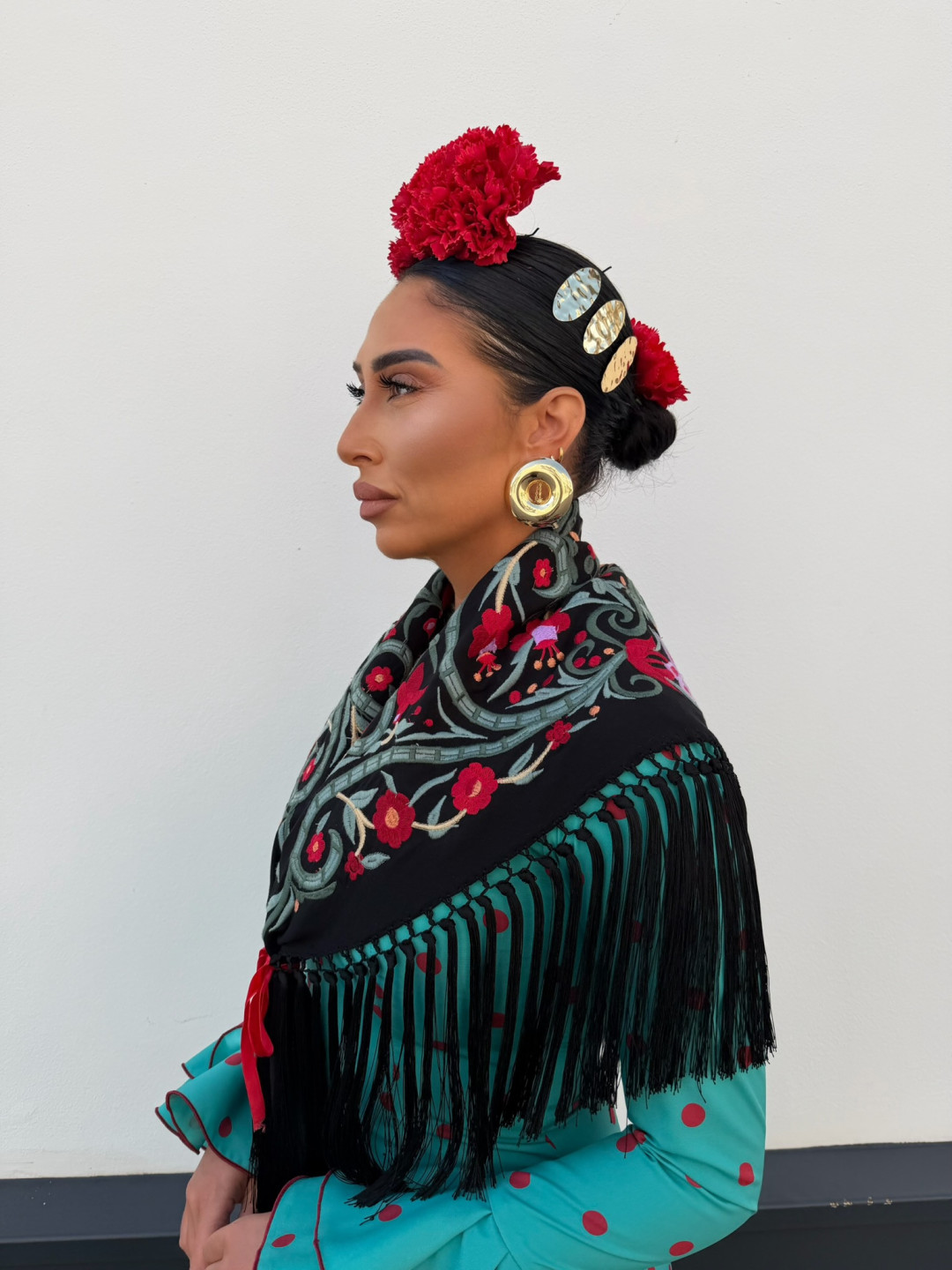 Vestido Sevilla turquesa lunar rojo