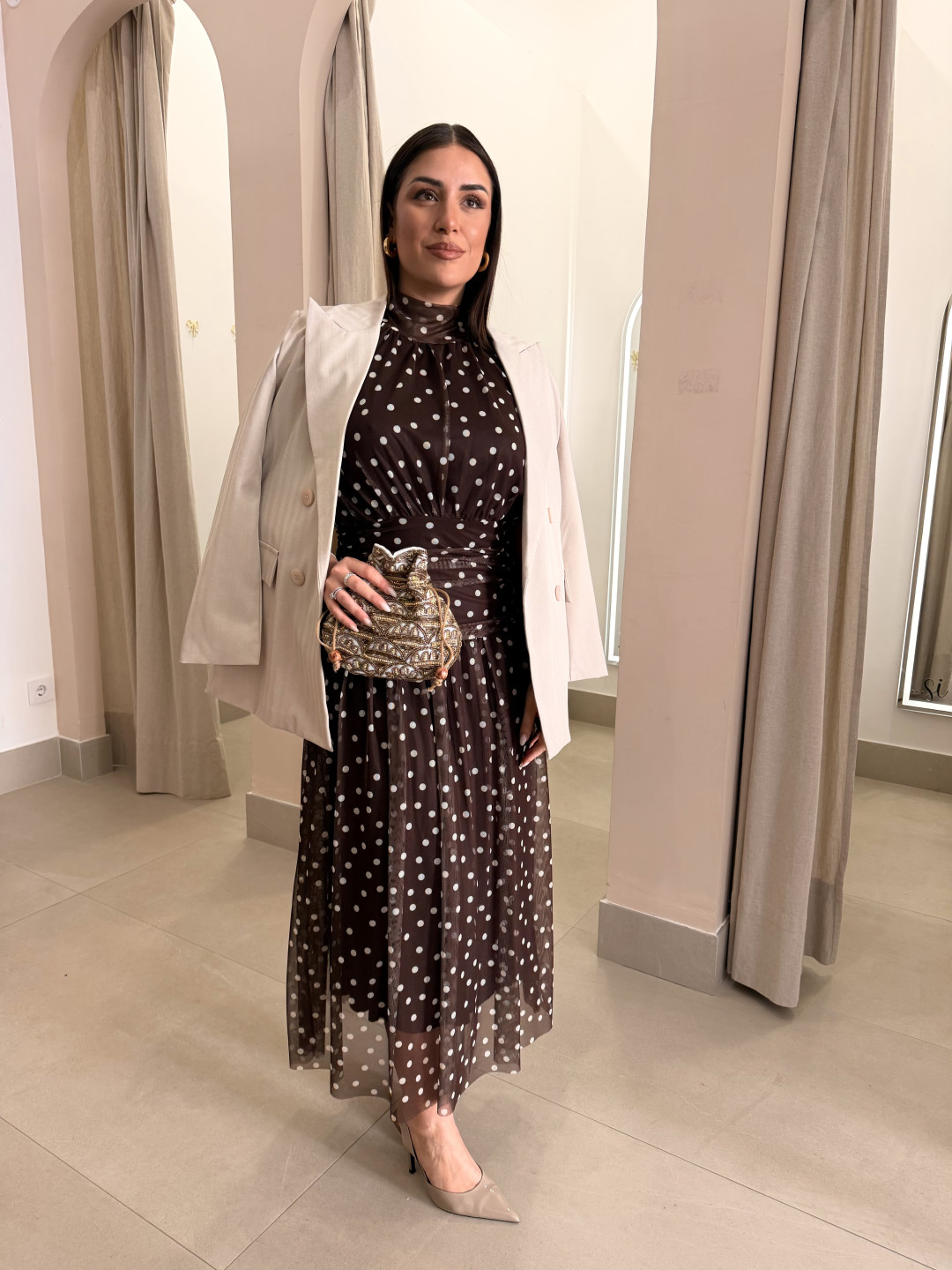 Vestido cuello halter lunar marron