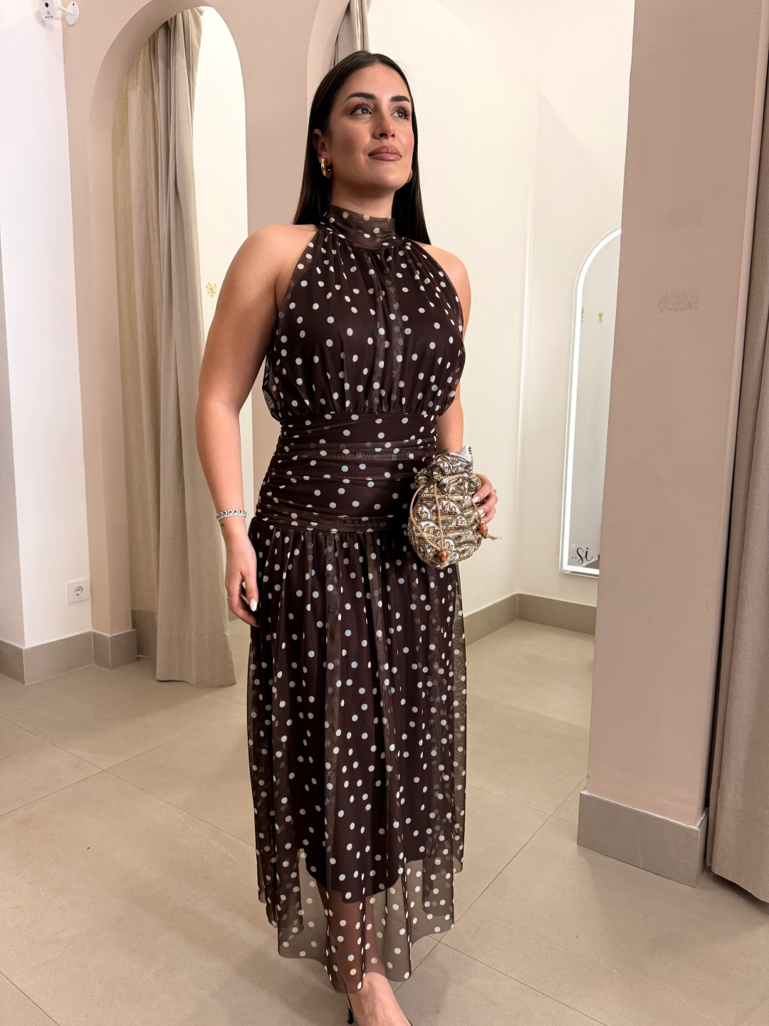 Vestido cuello halter lunar marron