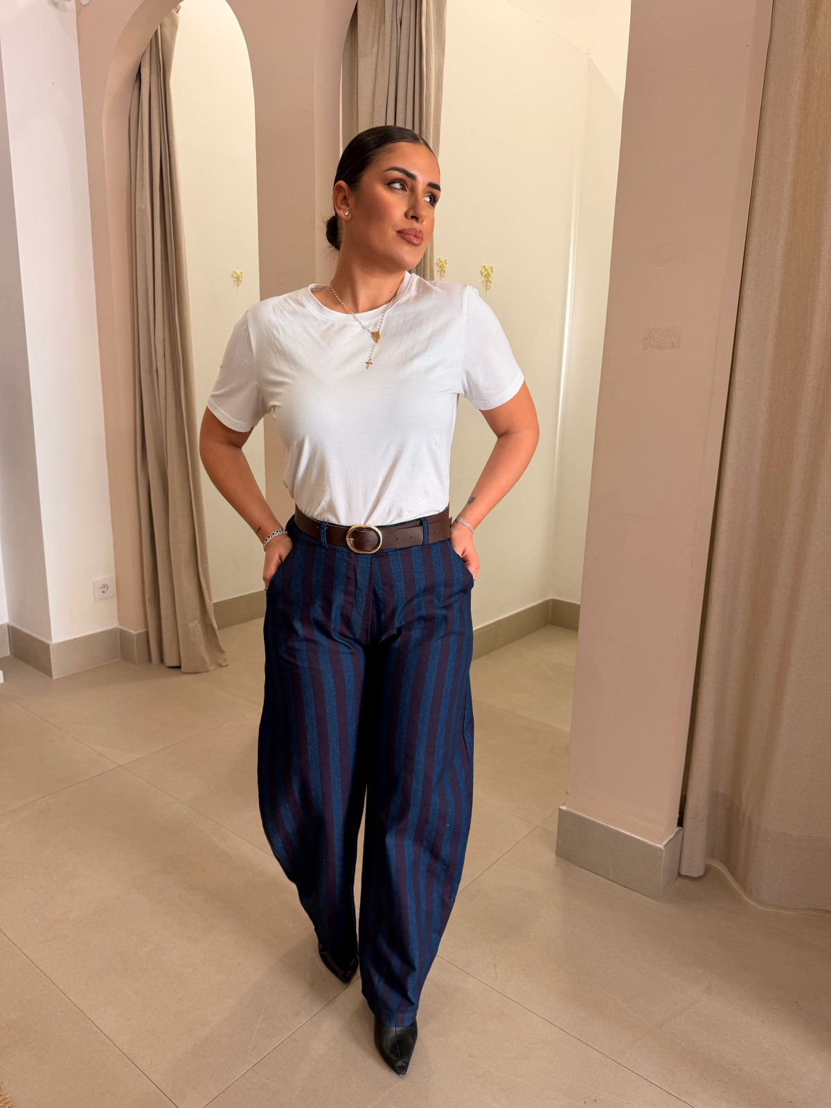 Pantalon rayas tipo balloon azul/tinto