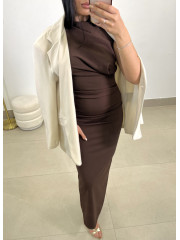 Vestido largo detalle drapeado marrón chocolate