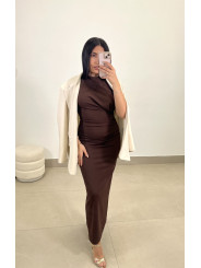 Vestido largo detalle drapeado marrón chocolate