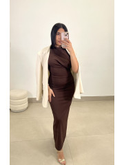 Vestido largo detalle drapeado marrón chocolate