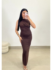 Vestido largo detalle drapeado marrón chocolate