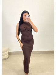 Vestido largo detalle drapeado marrón chocolate