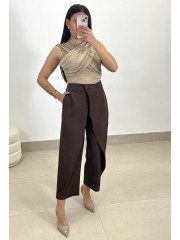 Top efecto brillos drapeado taupe