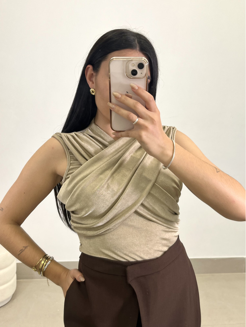 Top efecto brillos drapeado taupe