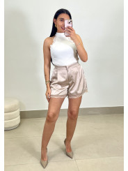 Short satinado detalle encaje beige