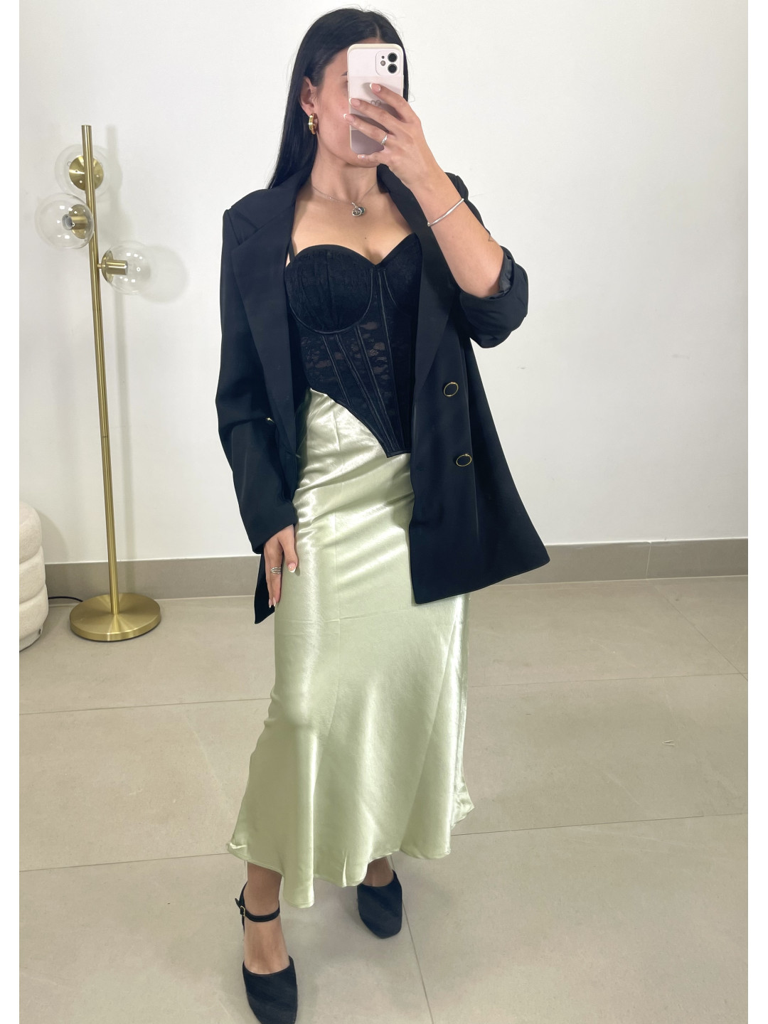 Falda satinada verde agua