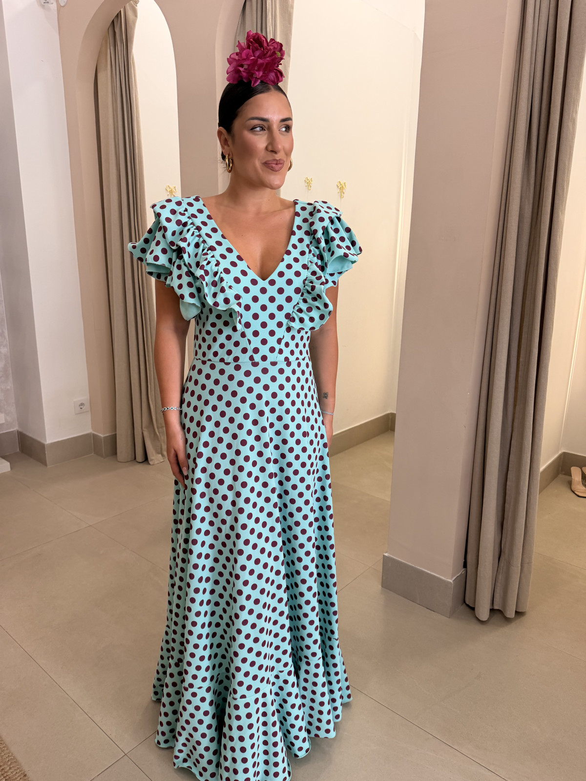 Bata Gines con volantes turquesa con lunar bugambilla