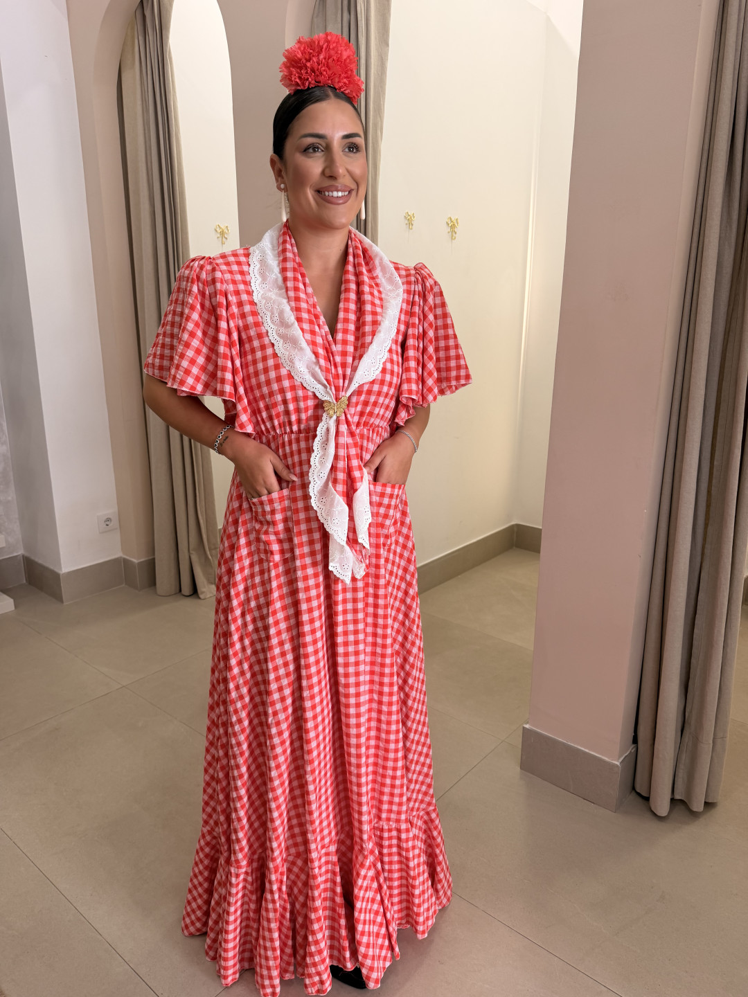 Bata cuadros vichy frambuesa con piquillo