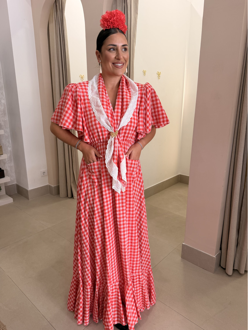 Bata cuadros vichy frambuesa con piquillo