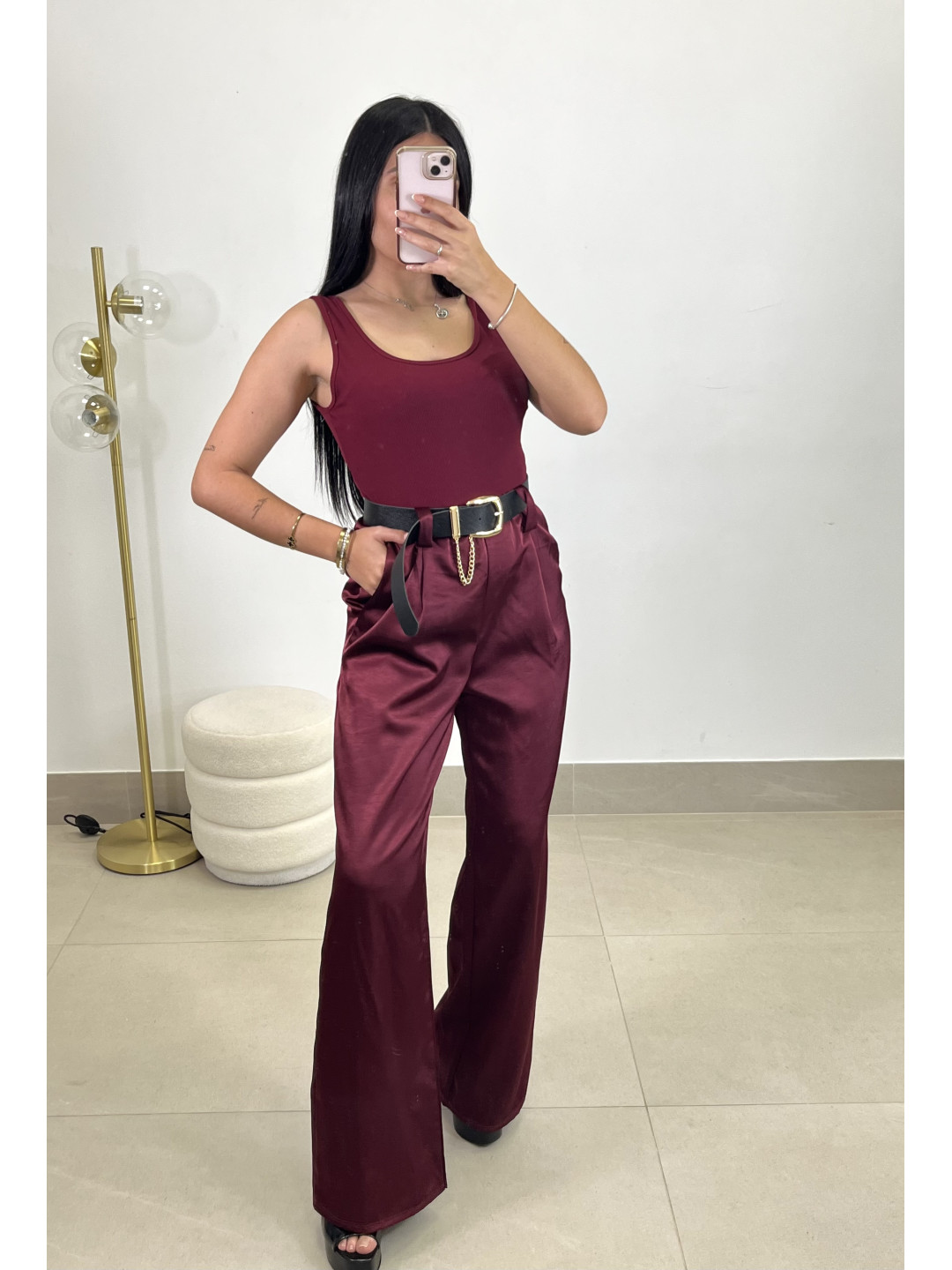 Mono combinado detalle cinturon tinto