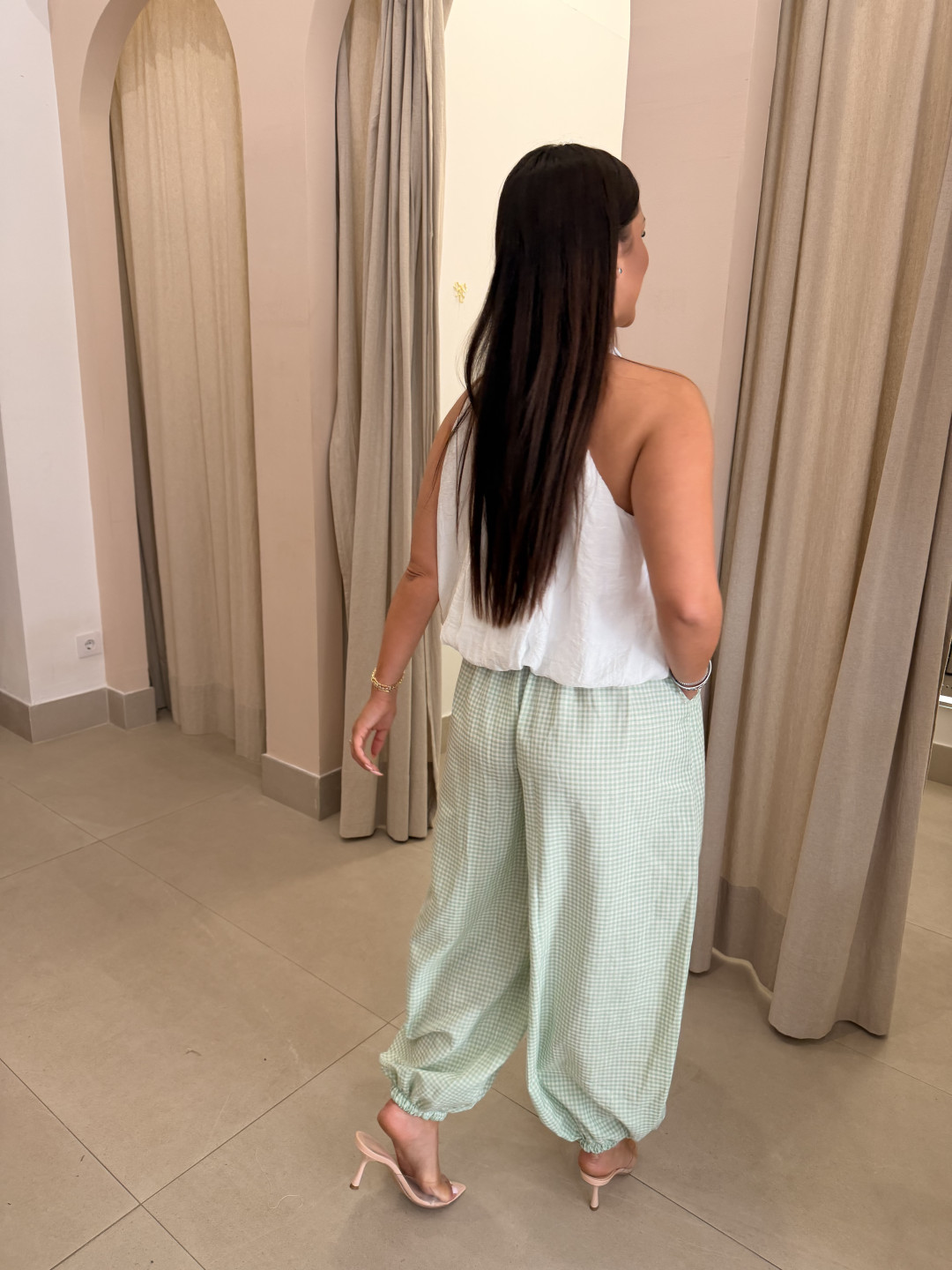 Pantalon vichy estilo boho verde manzana